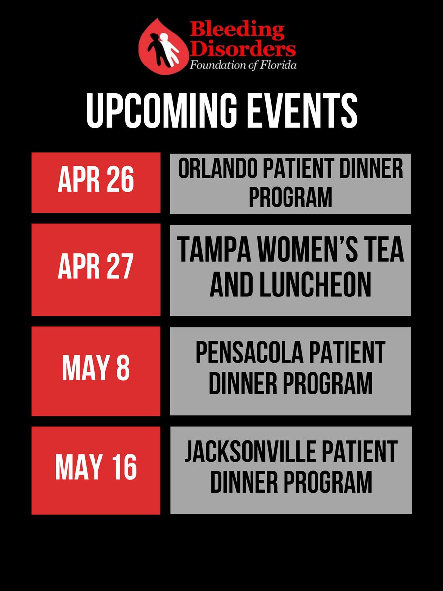At the BDFF, there is always something going on! See what events are happening in your area 📍

Learn More: bleedingdisordersfl.org/events/list/

#BDFF #BleedingDisorders #EventCalendar #UpcomingEvents