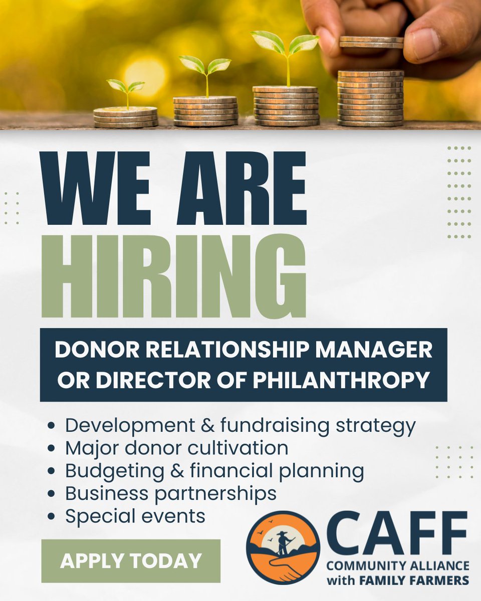 Seeking Donor Relationship Manager (OR Dir. of Philanthropy, experience depending) to lead individual donor fundraising strategy. Creative, strategic thinker who understands nonprofit fundraising, donor relations & dev. to drive growth. Learn more, apply: caff.org/jobs-at-caff/