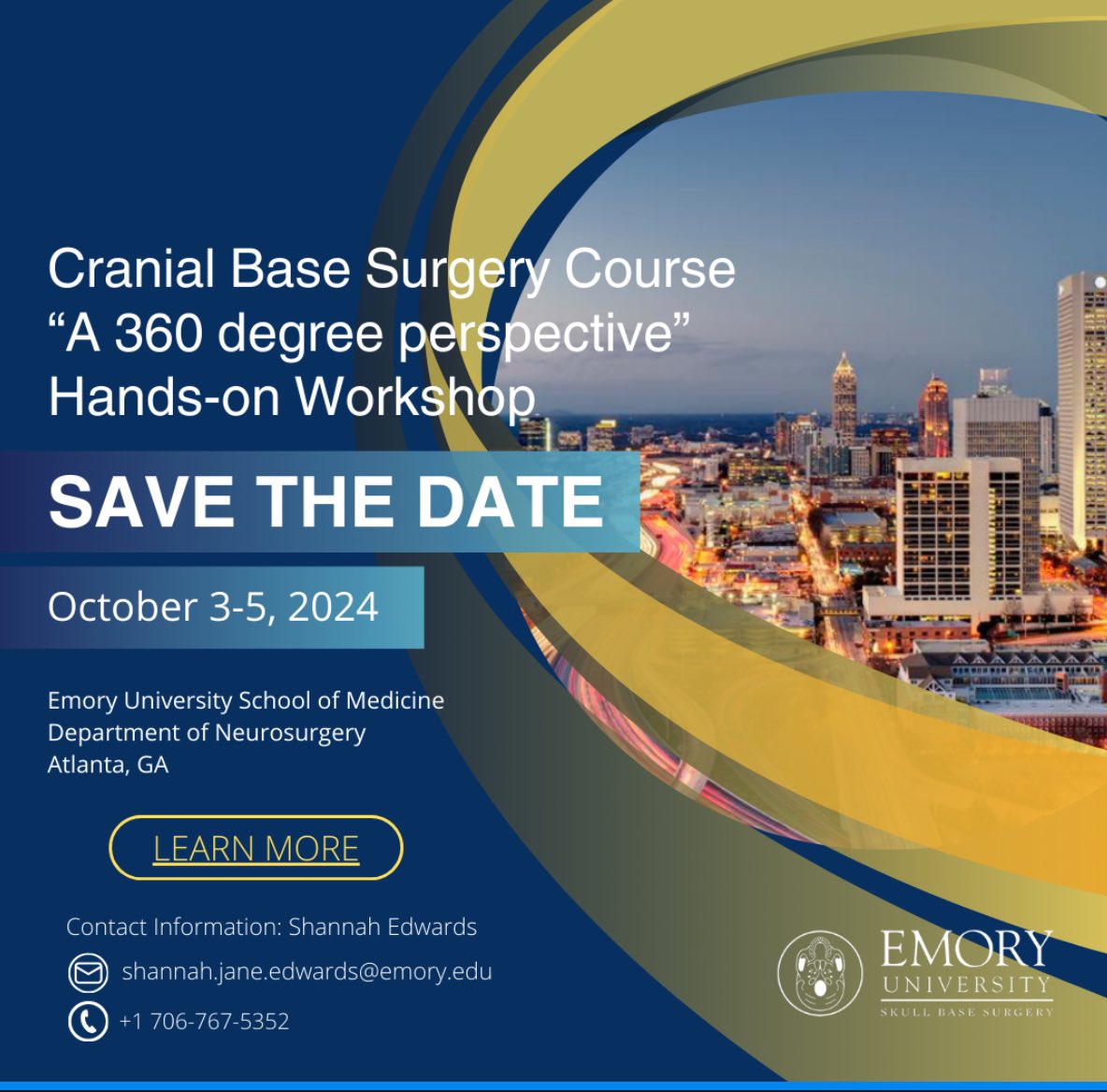 Don’t wait to register! Excellent course with excellent faculty. med.emory.edu/departments/ne… @EmoryBrain @WinshipAtEmory @EmoryMedicine @EmorySkullBase @EmoryNeurosurg