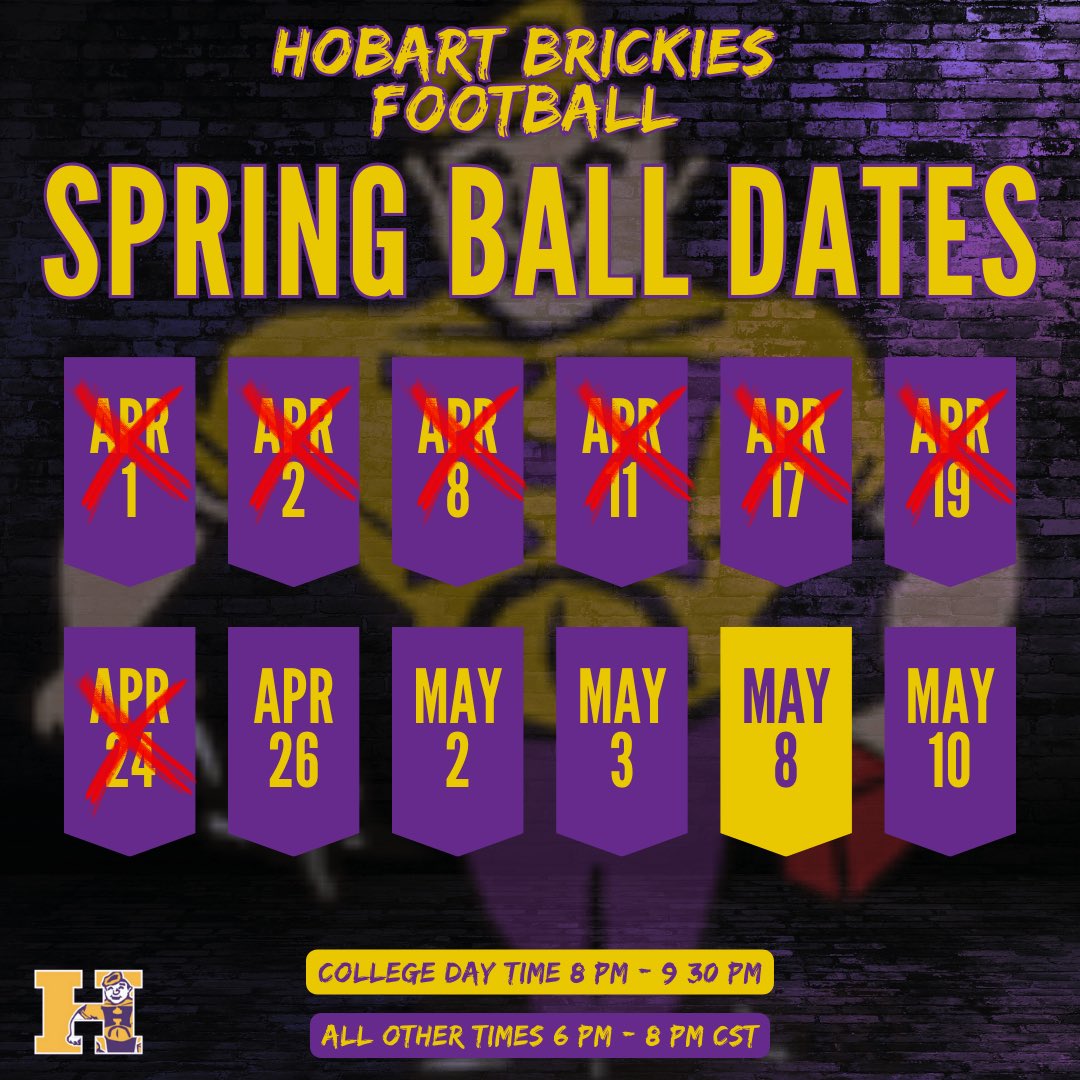 ❗️COLLEGE DAY TIME CHANGE❗️
College coaches our College Day time has changed. It’ll take place on May 8th,  8:00 PM at The Brickyard. 

Looking forward to showcasing our student-athletes.

#workworkwork #wearehobart 🟨🟪🧱