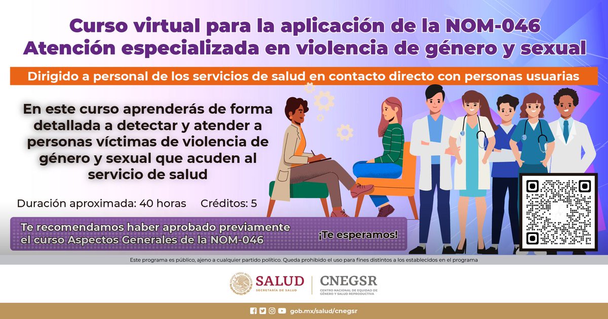Participa en el curso virtual para la aplicación de la NOM-046 'Atención especializada en violencia de genero y sexual'. 📌Para mayor información ingresa a: salud.edomex.gob.mx/.../info_curso…