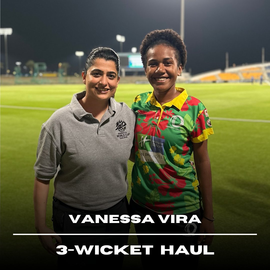 Pictured with @mir_sana05, former Pakistan captain and newly appointed women's cricket ambassador of the ICC Women's T20 World Cup Qualifier, 🔥 Vanessa Vira, just 17, is already making waves on the field! 💫 With a brilliant 3-wicket haul, she's showcasing her skills once more.