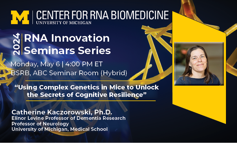 Monday, May 6, 4 PM #RNA Innovation Seminar Series: Catherine Kaczorowski, Ph.D. @UMichMedSchool kaczorowski.lab.medicine.umich.edu/home “Using Complex Genetics in Mice to Unlock the Secrets of Cognitive Resilience” BSRB or via Zoom umich.zoom.us/webinar/regist… @KaczorowskiLab #UMichRNA #UMichRNATx