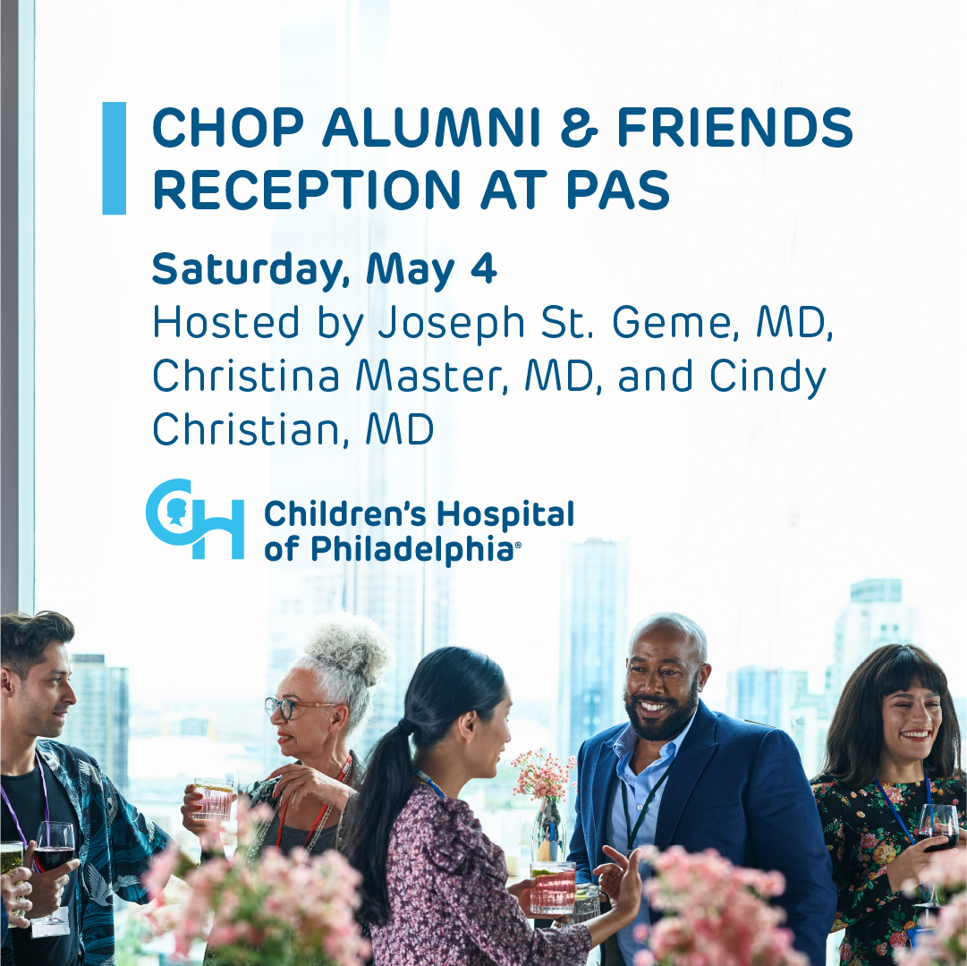 CHOP alumni and friends attending #PAS2024 are invited to join us at our Alumni & Friends Reception Saturday, May 4, with hosts Dr. Joe St. Geme, Dr. Christina Master and Dr. Cindy Christian. RSVP: ms.spr.ly/6016Yye6y.