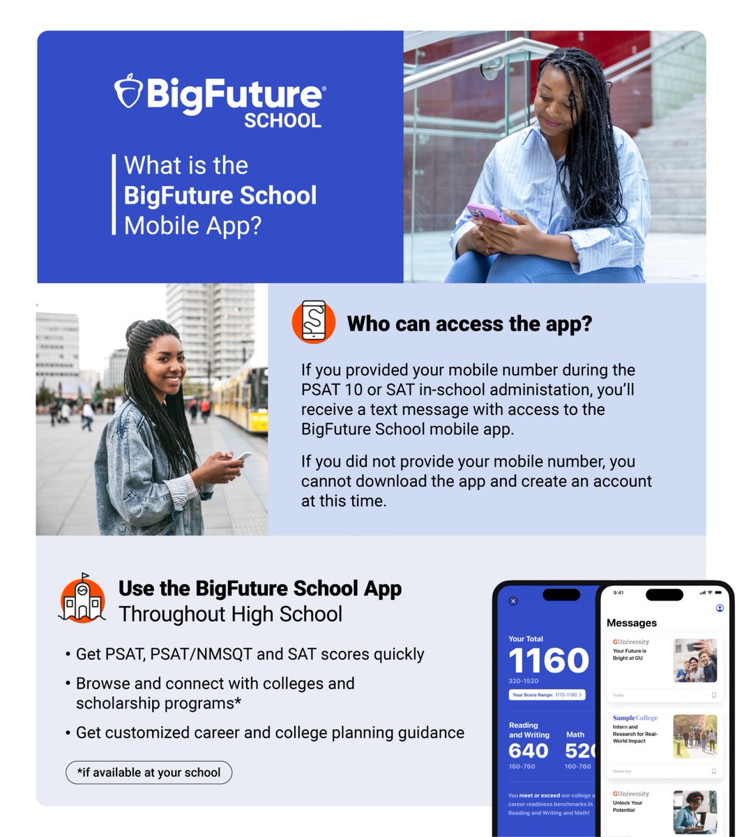 The BigFuture School app is available for students who provided their phone number during the PSAT 10 or SAT in-school administration. spr.ly/6011bvEtv