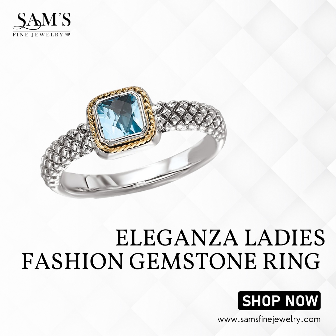 Discover the serene beauty of the Eleganza Ladies Fashion Gemstone Ring. Featuring a square 5mm blue topaz center, sterling silver oxidized ring, and 18kt yellow gold accents, it's a piece that captivates at first sight.

#samsfinejewelry #bridaljewelry #diamonds #jewelry #bands