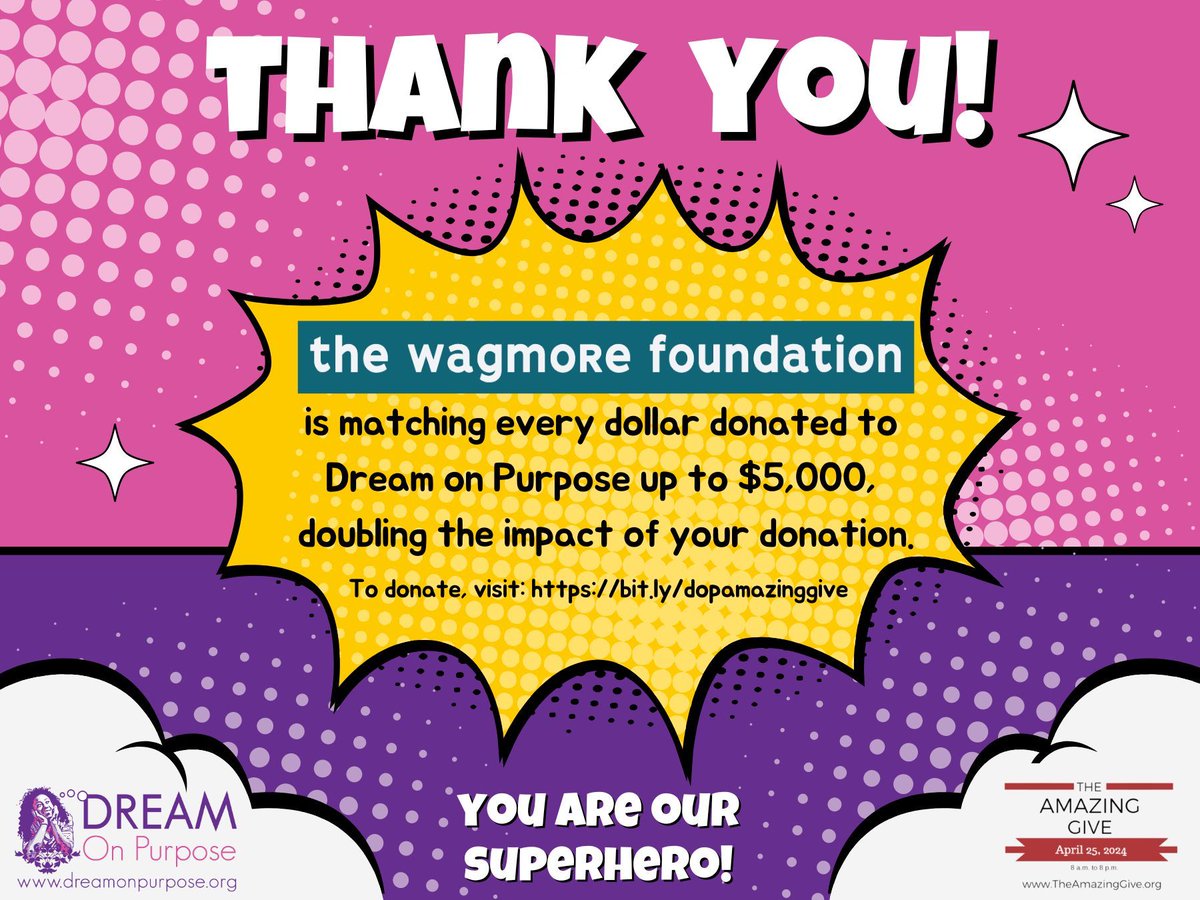 Exciting news! For this year's Amazing Give, we're thrilled to announce that The Wagmore Foundation has committed to matching donations made to Dream on Purpose up to $5,000. To donate to Dream on Purpose, visit buff.ly/2OeYl8A. #Dr3am_Purpose #TheAmazingGive #WhyIGiveGNV