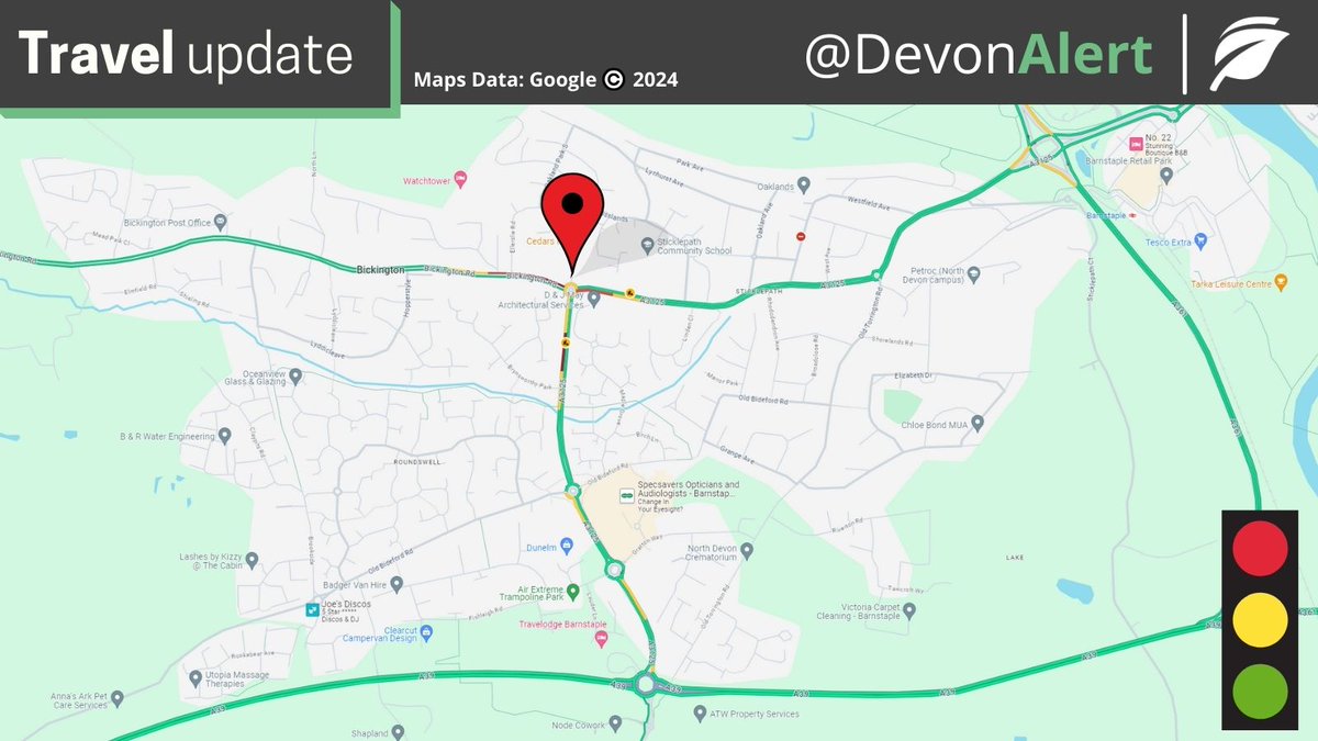 #Devon We have had reports of the temporary traffic lights at Cedars Roundabout in Barnstaple being stuck on red. Please expect delays and drive with care KW @DevonCC @StagecoachSW @BBCDevon