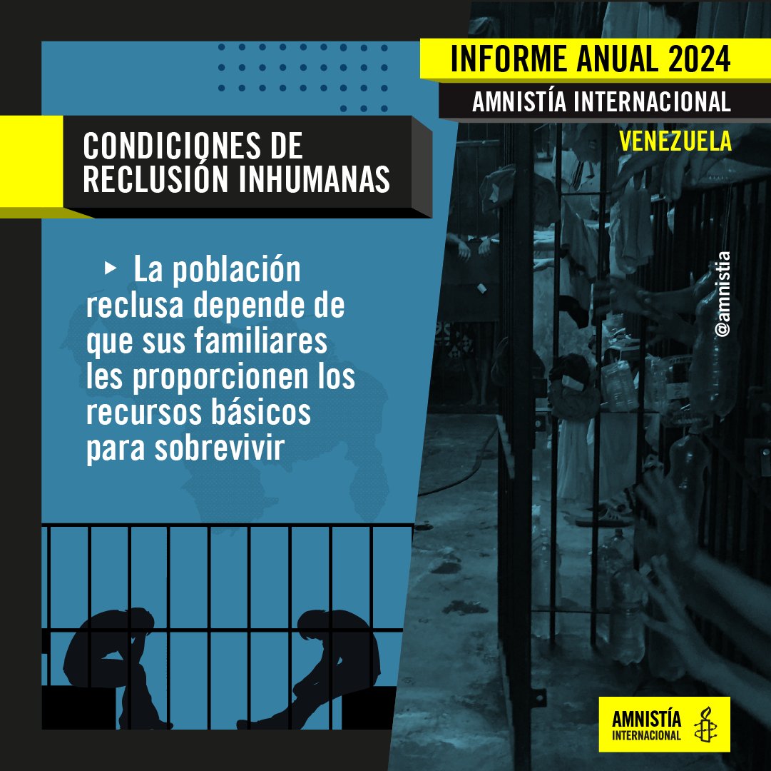 #InformeAnualAI Capítulo Venezuela 🇻🇪 Las condiciones de las prisiones y los centros de detención siguen empeorando, especialmente el hacinamiento y la provisión insuficiente de comida y agua Conoce más 👉 amnesty.org/es/location/am…