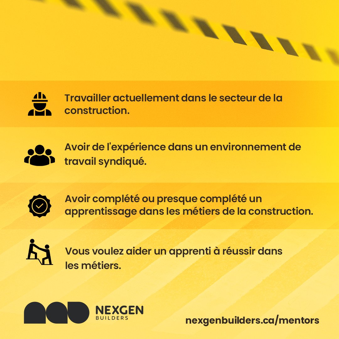 If you are currently work in the construction sector and want to help an apprentice succeed in the trades, you can do so by becoming a mentor. Please visit nexgenbuilders.ca/mentors to learn more #communitybenefits #mentorship