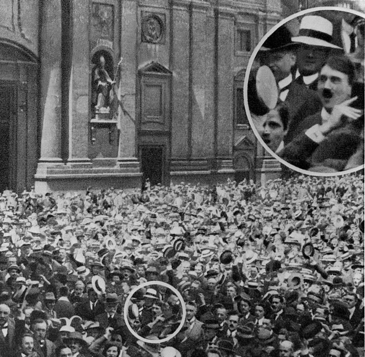 Photograph shows a young Adolf Hitler cheering the start of World War One in 1914. The photograph was captured by photographer Heinrich Hoffmann during a rally backing the war against Russia at Munich’s Odeonsplatz on August 2, 1914. Hoffmann, a founder and primary image…