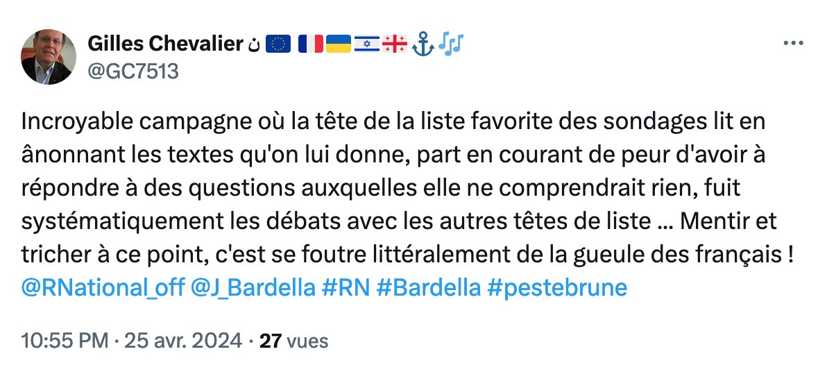 Pas mieux … comment le RN a t'il pu mettre ce personnage à la tête de sa liste pour les Européennes ? Et surtout comment Marine Le Pen a t'elle pu dire qu'elle en ferait son premier ministre, si elle était élue Présidente ? 🙄🥳🤡