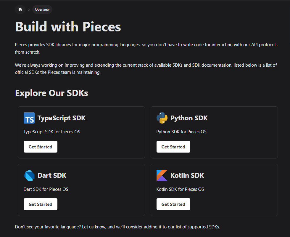 Want to build some cool Side Projects? Check out @getpieces SDK docs It has: - Quickstart Guides - API References - Example Projects - Pieces Technical Glossary Use Them and Start Building Now!