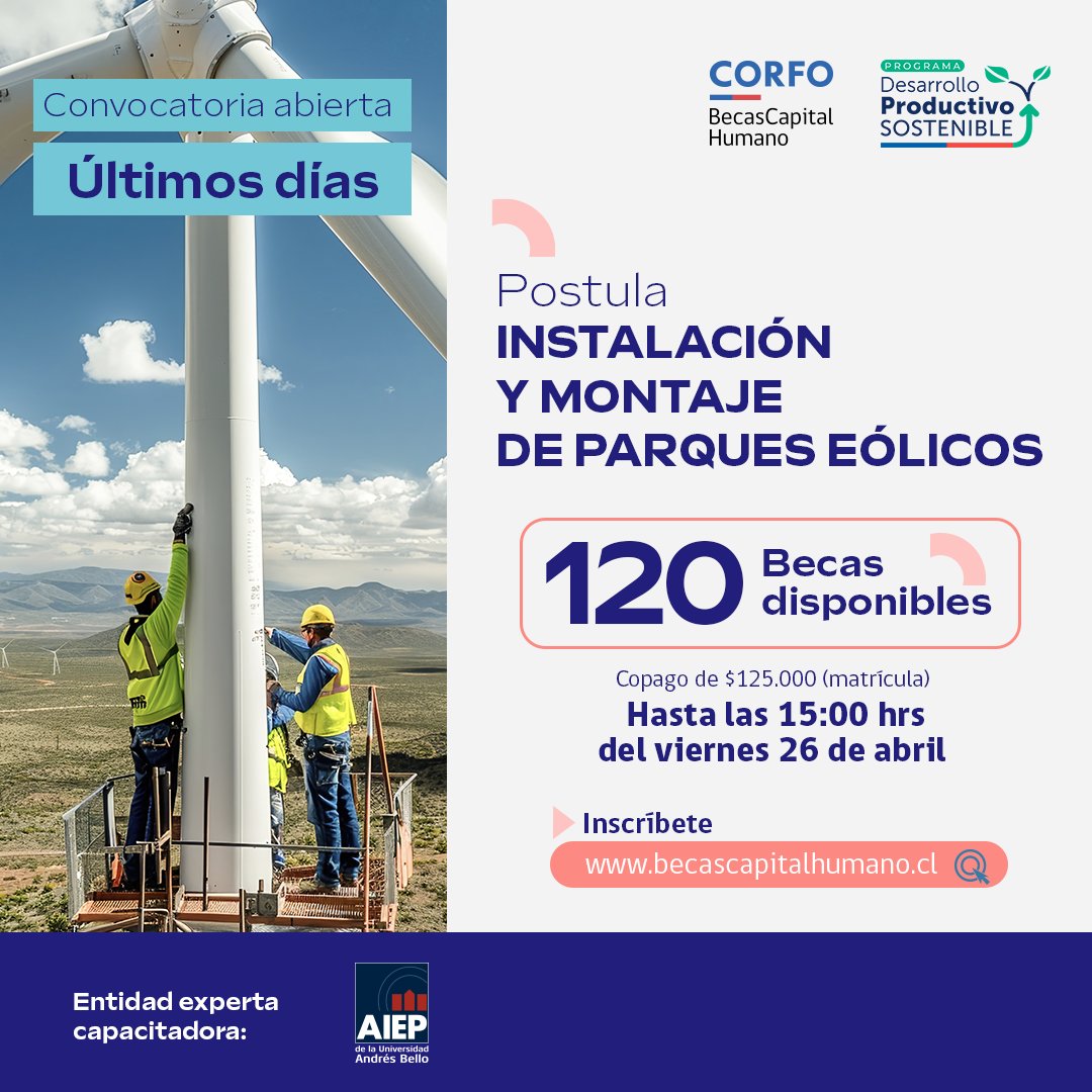 ¡Aún tienes tiempo! Mañana se termina el plazo para postular a una de las 85 becas disponibles para el curso 'Operación y Mantenimiento de Parques Eólicos', o a las 120 para especialización en 'Instalación y Montaje de Parques Eólicos' ♻️ Más información 👉becascapitalhumano.cl