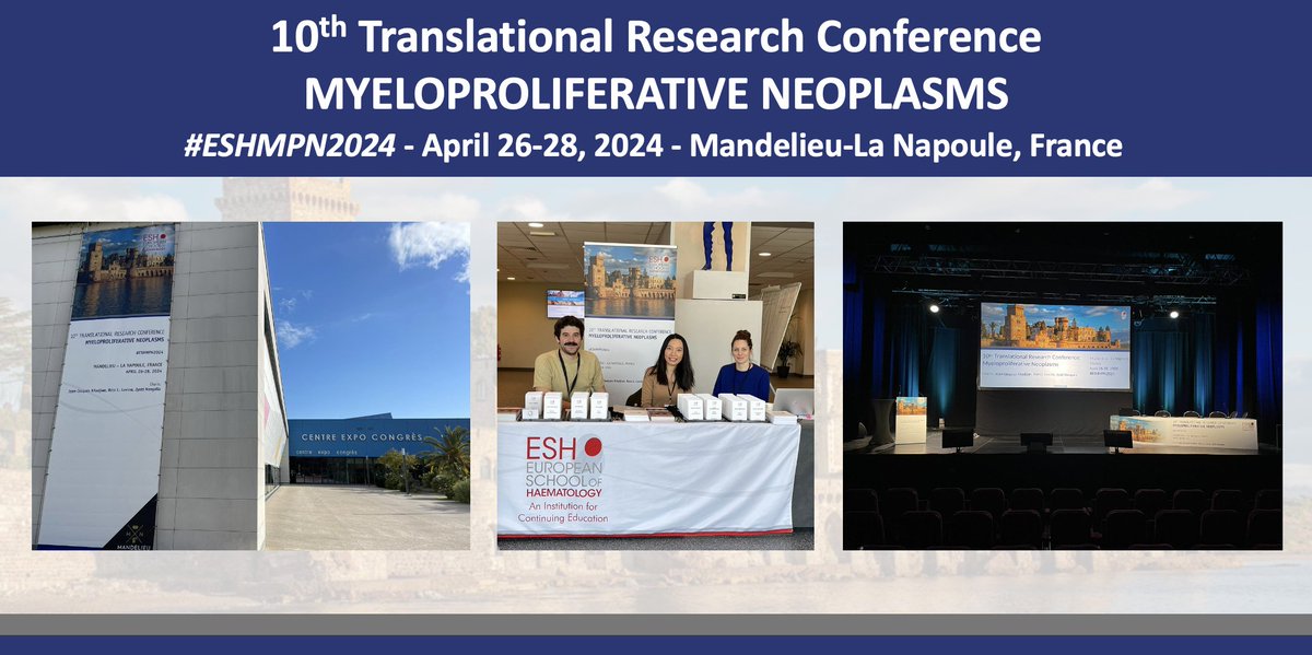 📣 #ESHMPN2024 Our team is ready to welcome you in Mandelieu 🇫🇷 Registration opens at 7:30am tomorrow ➡️ bit.ly/3PALAGS 10th Translational Research Conference on #MPN Chairs: @jjkiladjian, @rosslevinemd, @jyoti_nangalia 🗓️ April 26-28, 2024 #ESHCONFERENCES #MPNsm