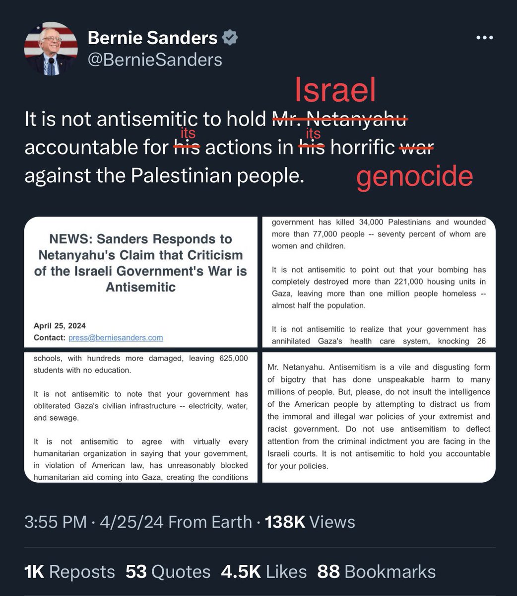 Fixed it for you, Bernie! #FreePalestine🇵🇸