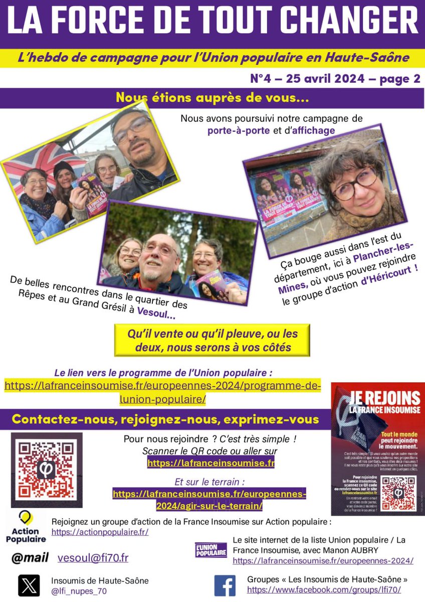 Hebdo de campagne n°4 pour l' #UnionPopulaire en Haute-Saône. Toutes et tous mobilisé.e.s pour nous donner la force de tout changer avec @ManonAubryFr