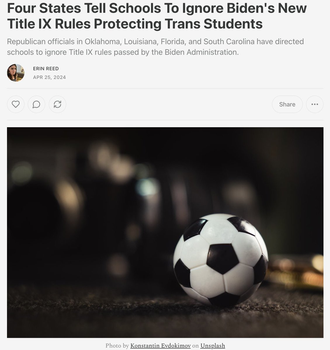 1. Biden has released new Title IX rules protecting transgender and LGBTQ+ students, rescinding Trump-era policies that legalized discrimination.

Now, officials four states have told their schools to 'ignore' them and continue discriminating

Subscribe to support my journalism.