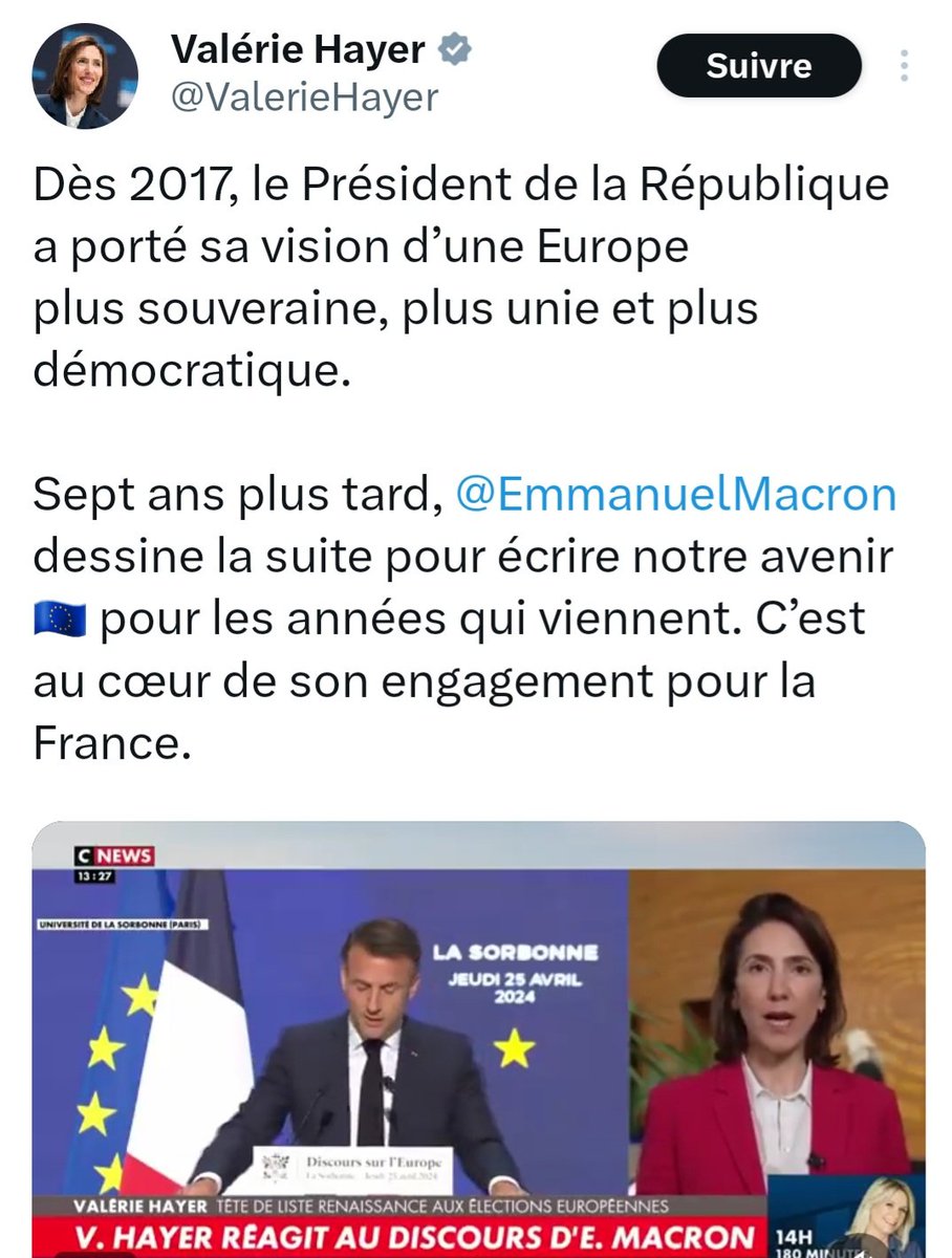 Donc, le narcissique de l'Élysée a privatisé la #Sorbonne pour s'auto-féliciter et faire un long discours creux sur l'Europe. Personne n'est dupe de la manœuvre destinée à sauver la désastreuse campagne de l'insipide Valérie Hayer, dont le rôle va donc consister à relayer et…