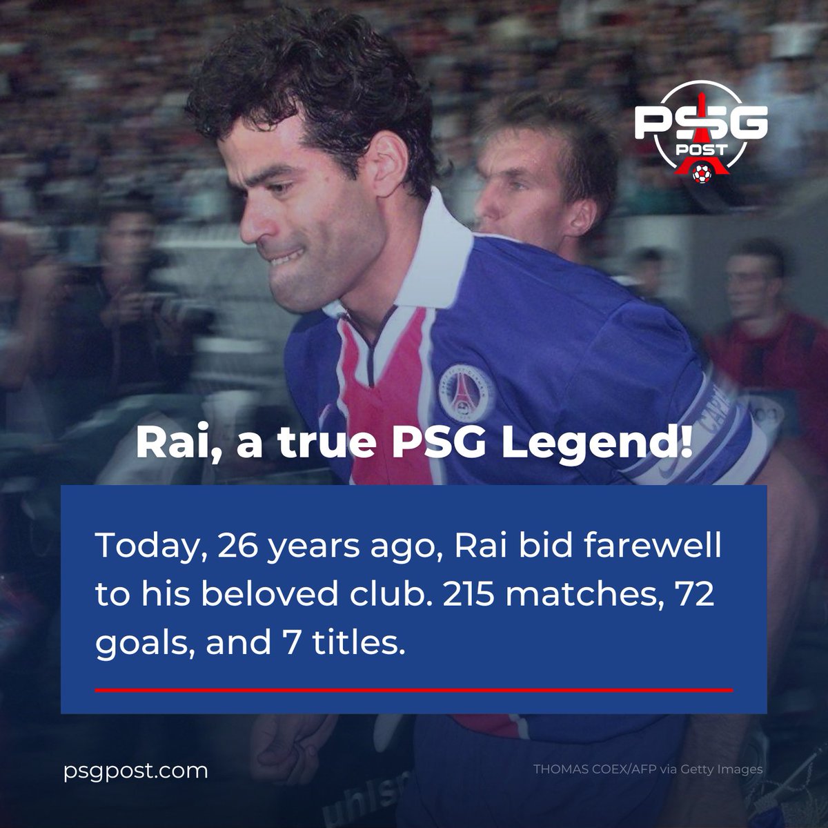 🇧🇷 Today, 26 years ago, Raí bid farewell to his beloved club. 215 matches, 72 goals, 7 titles. 

A true legend of PSG! 🔴🔵

#PSG #PSGLegend