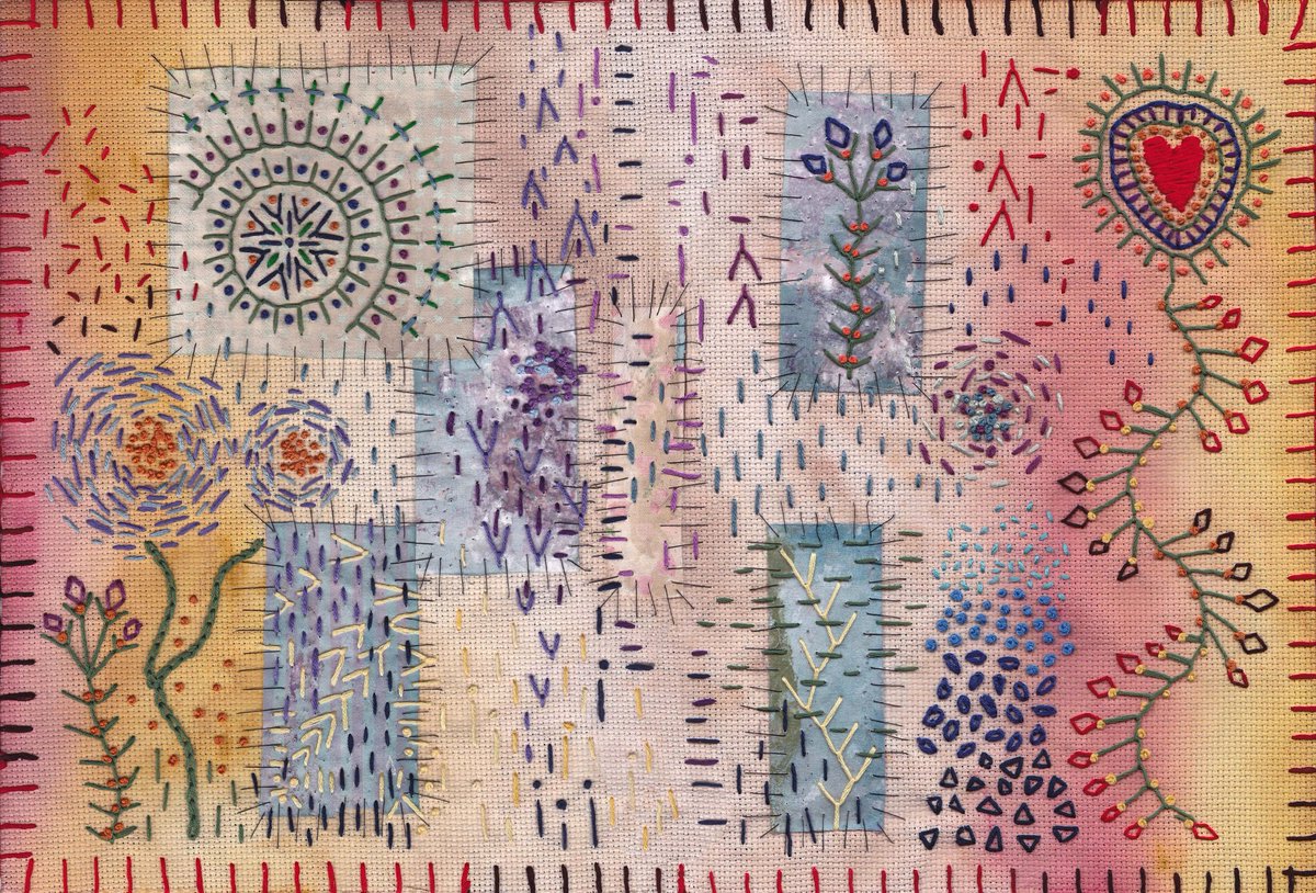 “Primitive spring stitching on painted linen” -24.04.2024 .. #brightcolours #colourmelt #embroiderycollage #slowstitching #slowstitch #springtheme #abstractembroidery #primitiveart #handstitch #stitchtherapy #folkart #flystitch