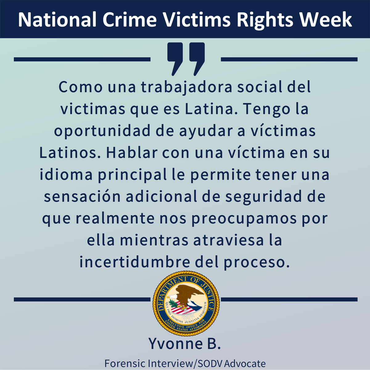 Read what Yvonne B. has to say about working at our office as a bilingual Victim Advocate. #NCVRW2024 #SupportVictims