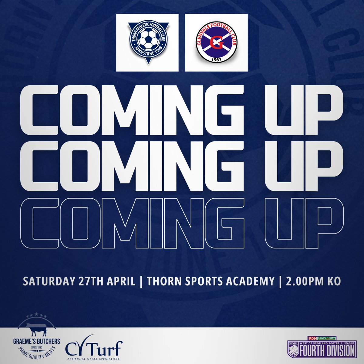 𝘿𝙀𝙍𝘽𝙔 𝘾𝙊𝙐𝙉𝙏𝘿𝙊𝙒𝙉 ||

Top two in the division clash in what will hopefully be a thrilling encounter between the Renfrewshire rivals.

Entry £5/3 Conc. U12 free with an adult. Season tickets are valid 🎟 

Hat-Trick Hatch Snack Bar Open for snacks and drinks 🥧 🍵