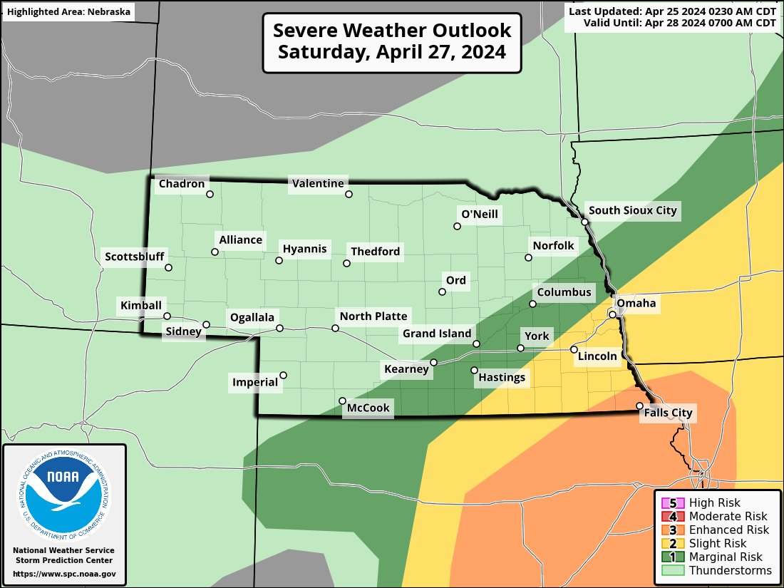 Heads up, Nebraska! 3 straight days of potential severe weather starts this evening. Make sure you have your weather alerts turned on or have another way to receive warnings. Be safe!