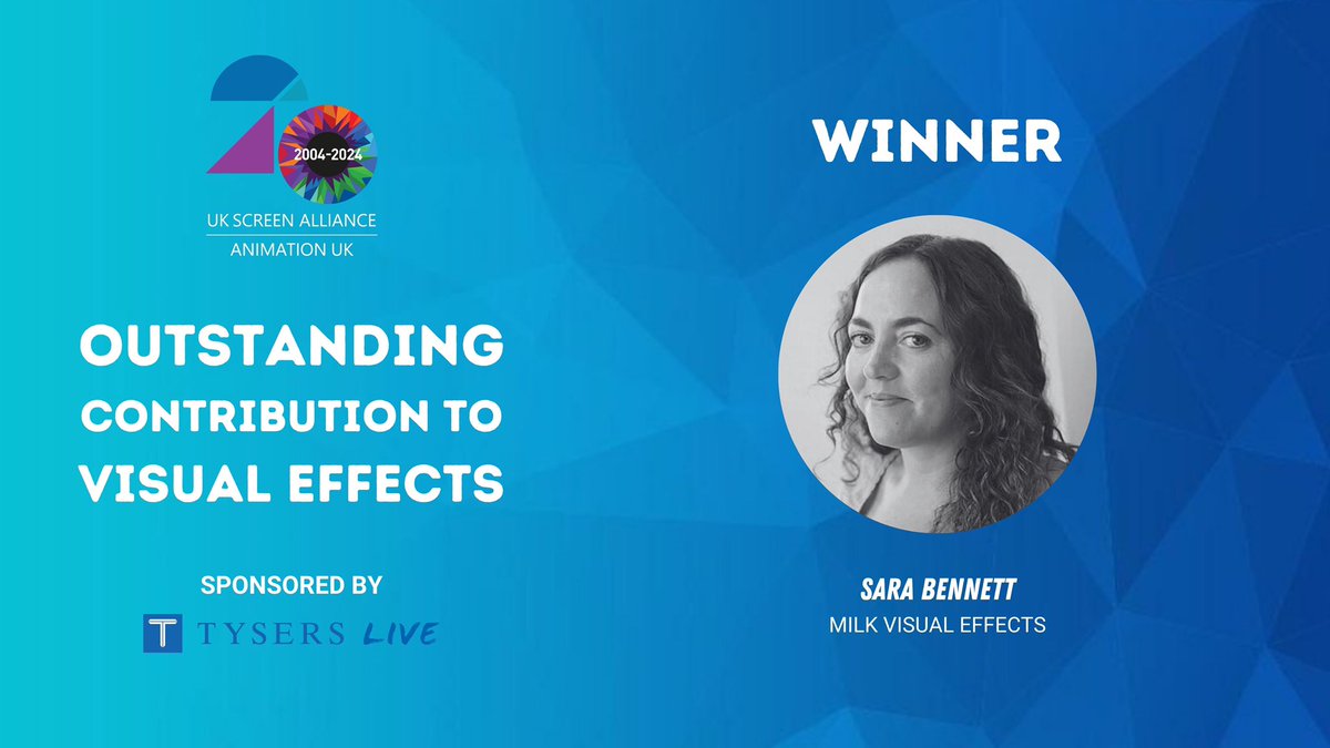 #UKSA20Awards: The winner of the Outstanding Contribution to #VFX award category, sponsored by @TysersEnt, is Sara Bennett from @MilkVFX. Congratulations!
