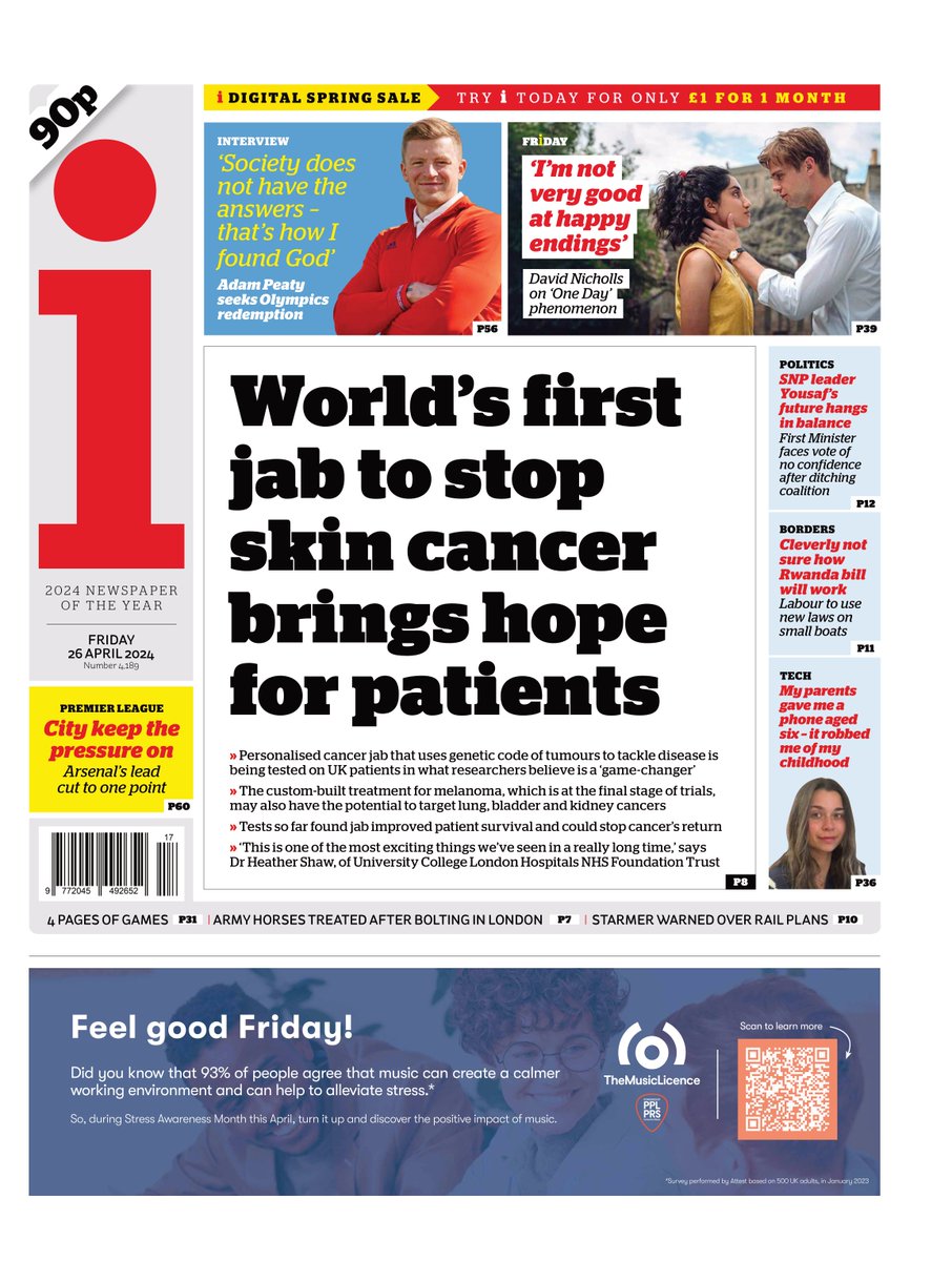 Friday's i: World's first jab to stop skin cancer brings hope for patients
#TomorrowsPapersToday