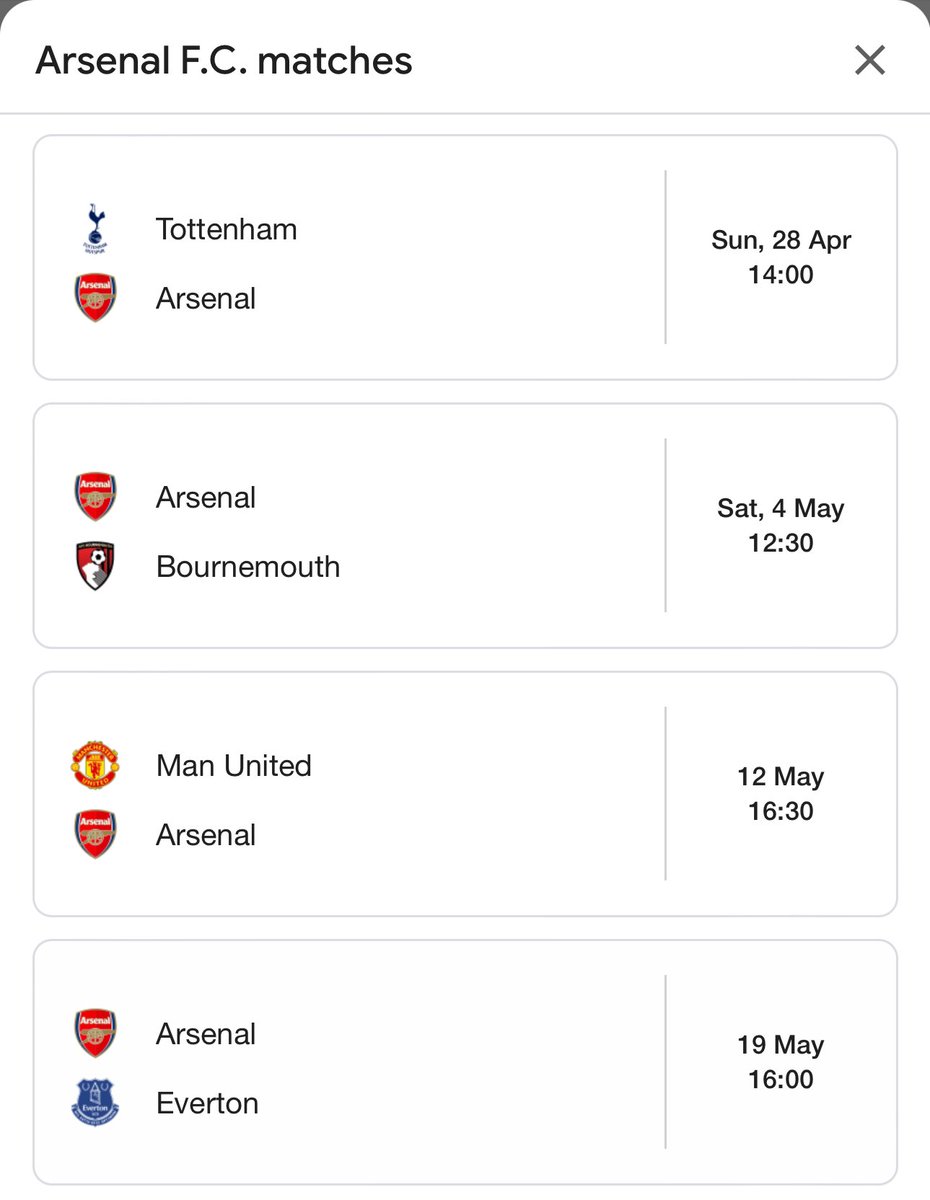 Man. City’s remaining matches vs Arsenal’s remaining matches. Congratulations in advance to Man. City. 2023/2024 EPL winners. 🏆