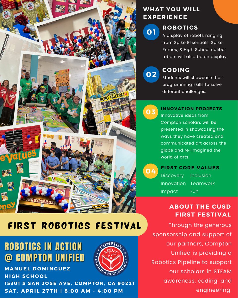 Who will win the CUSD Robotics Festival? 50 Compton Unified teams from 18 schools will be competing at the FIRST Robotics Festival on Sat, Apr 27, from 8am-3pm at Dominguez HS. For more: bit.ly/firstfest24 #STEM #FirstLeogLeague #lego #robotics #ComptonUnified #Elevate