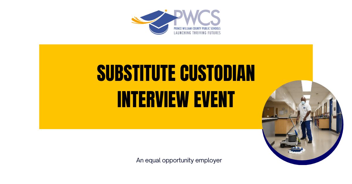 Get your foot in the door as a substitute custodian by attending the interview event on April 26 from 9-11 a.m. Register at this link forms.office.com/r/QqvELkv54b. You may apply for positions at pwcs.edu/jobs #youbelonghere #pwcsproud #pwcsrecruit