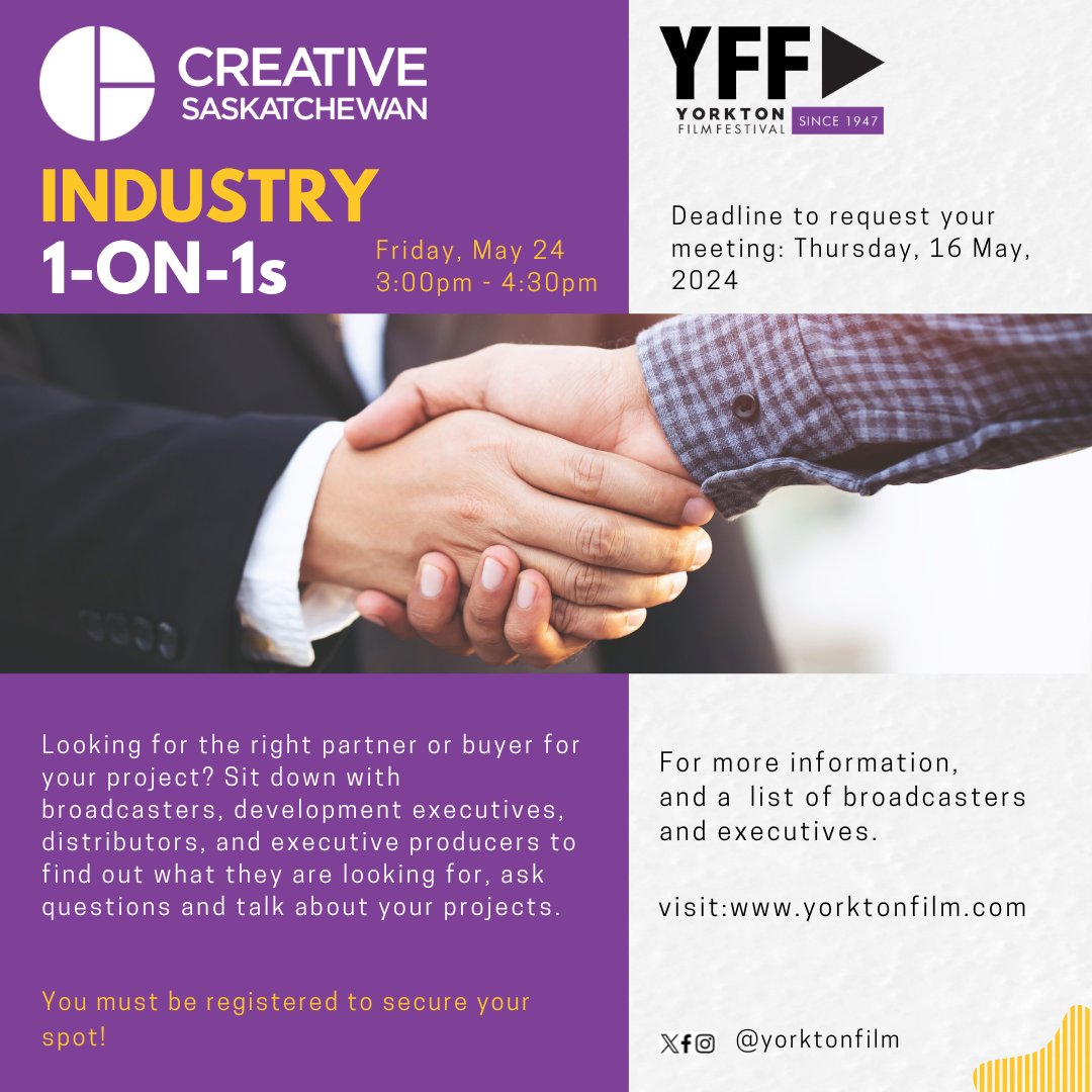 Yorkton Film Festival is pleased to be working with Creative Saskatchewan who is sponsoring an exclusive industry networking event at our 2024 festival! Date: Friday, May 24, 2024 Time: 3:00 PM - 4:30 PM Secure your spot before the deadline on Thursday, May 16, 2024.