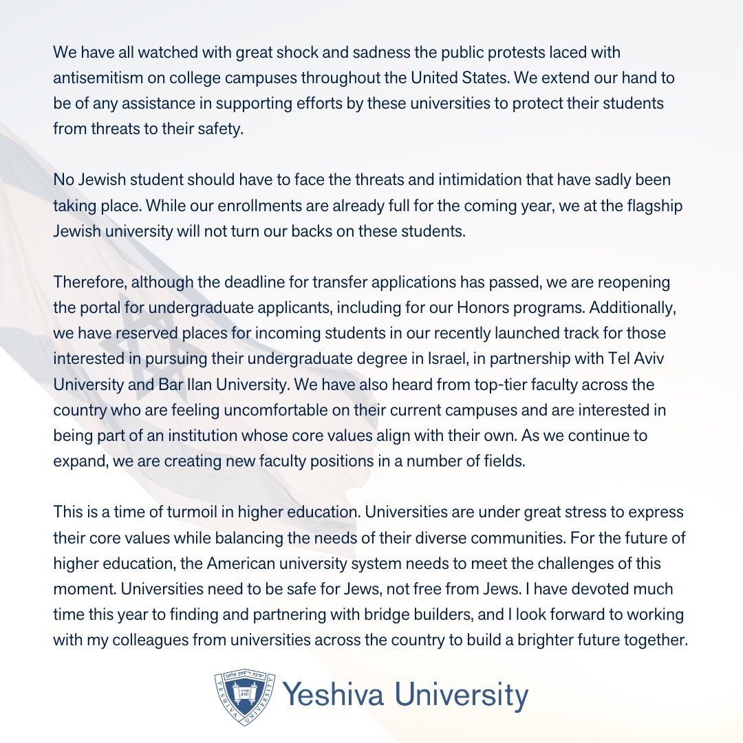 Important: In light of the antisemitism on American college campuses, Yeshiva University has reopened its portal for undergraduate applicants, including its Honors program.

Statement from @YUNews President @AriBermanYU: