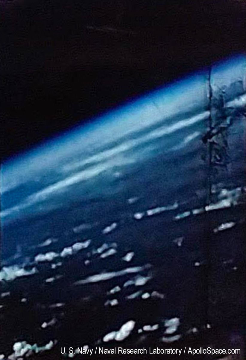 This is one of the first ever color pictures of Earth's horizon from space, taken as part of a 16mm movie film from 100 miles altitude on October 5, 1954. It shows an area of the Pacific just off the western coast of central Baja California. (Source: apollospace.com/first-color-ph…)