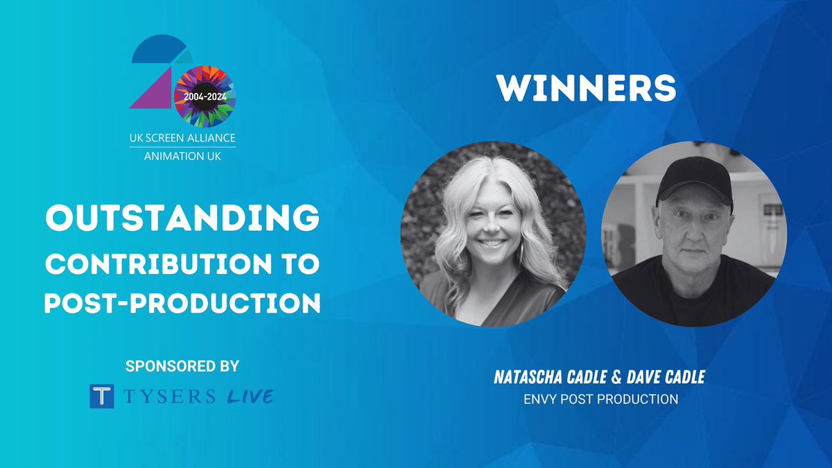 #UKSA20Awards: The winners of the Outstanding Contribution to #PostProduction award category, sponsored by @TysersEnt, are Natascha Cadle and Dave Cadle from @envypost. Congratulations!