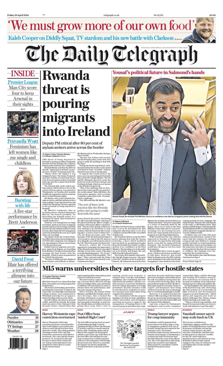 The front page of tomorrow's Daily Telegraph:

'Rwanda threat is pouring migrants into Ireland'

#TomorrowsPapersToday

Sign up for the Front Page newsletter
telegraph.co.uk/frontpage-news…