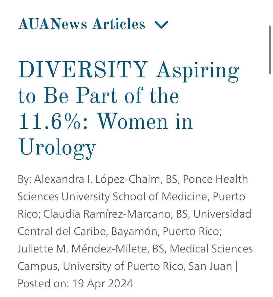 Thrilled to finally be able share with you our work in the AUA News Diversity, Equity and Inclusion Issue of April 2024. I cannot wait to join the urology workforce and to continue increasing representation as a Female Puerto Rican Urologist. #WomenInUrology @AmerUrological