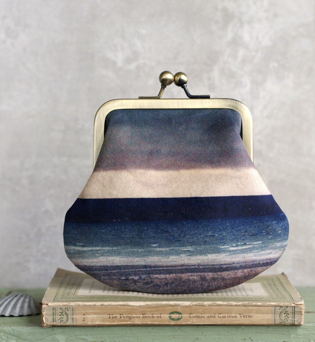 Seascape stripe, printed velvet purse. Linen lining dyed with oak gall.