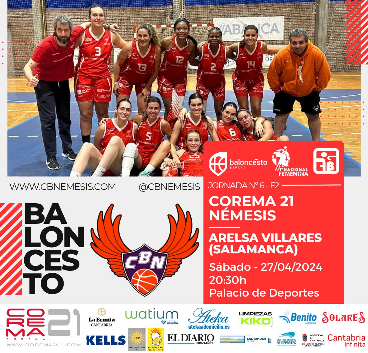 🗓️ Nuestro primer equipo, Corema 21 Némesis, recibe este sábado, a las 20:30h en el Palacio de Deportes de Santander, al <a href="/VillaresBalonc/">BALONCESTO VILLARES</a> 

🏀 ¡Queremos seguir con la buena racha! ¡Os esperamos!