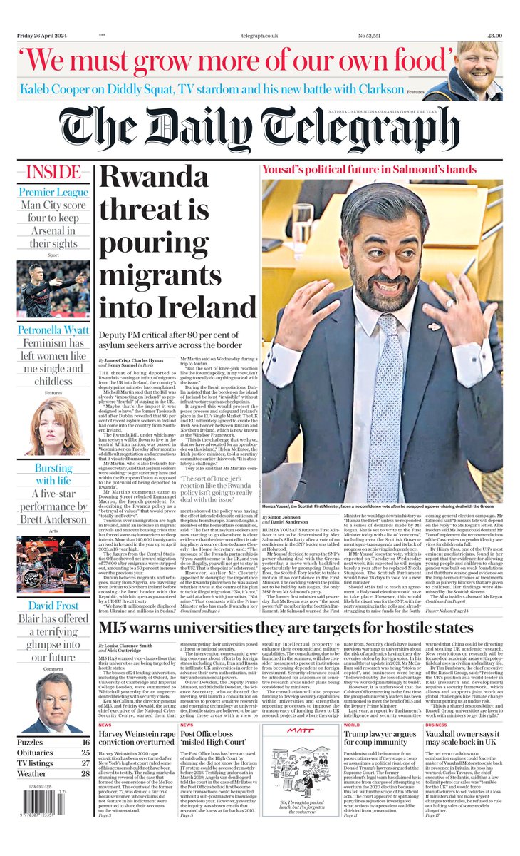 Friday's DAILY TELEGRAPH: Rwanda threat is pouring migrants into Ireland #TomorrowsPapersToday