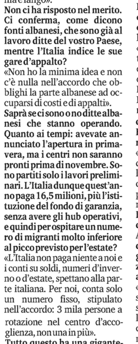 Premesso che è molto grave che un premier straniero amico della presidente del Consiglio italiana chiami la RAI per lamentarsi di ciò che è andato in onda, c'è anche un altro punto dell'intervista che va sottolineato: l'assoluta opacità di Edi Rama sui centri per i migranti in…