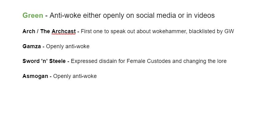 List of woke and anti-woke warhammer youtube channels. Just so people know before they start to support someone. Work in progress, if you think someone should be add to this list leave a reply. @spaceshark23 , @wokehammerLs can you spread the word?