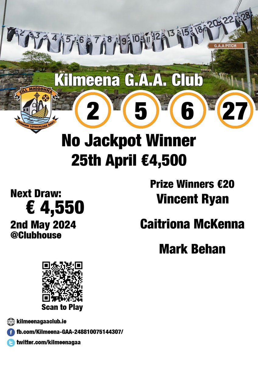 Kilmeena G.A.A. Club Play Online: kilmeenagaaclub.ie/lotto Lotto Results 25th April Numbers drawn: 2, 5, 6, 27 €20 Prize Winners Vincent Ryan; Caitriona McKenna; Mark Behan Next Draw: Clubhouse Date: 2nd May 2024 #KilmeenaGAA_Results