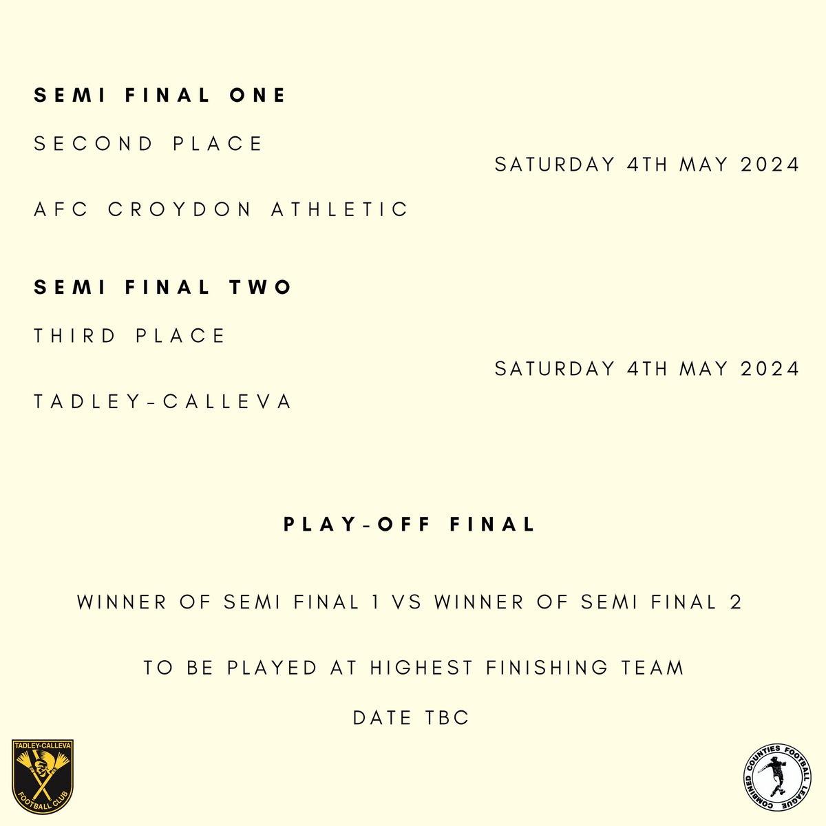 Following @AFCCroydonAth emphatic win earlier this evening, the 4 play-off teams are confirmed and the schedule is taking shape. We will await results from both the @KnaphillFC & @JerseyBullsFC games on Saturday to discover our opponents. #TCFC | #Romans