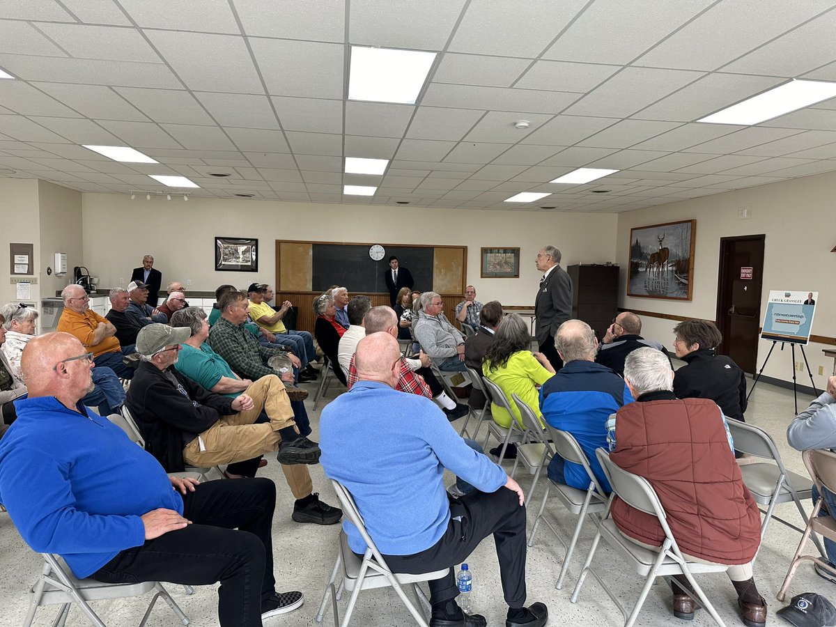 ChuckGrassley's tweet photo. Guthrie Co Town mtg in Panora 63ppl issues; medals for veterans Perry plant closure border security badly needed rural housing farm bill anti-Semitic protests on college campuses natl debt biodiesel Ukraine covid fraud etc #99countymeetings https://t.co/c2mPDX1Bge