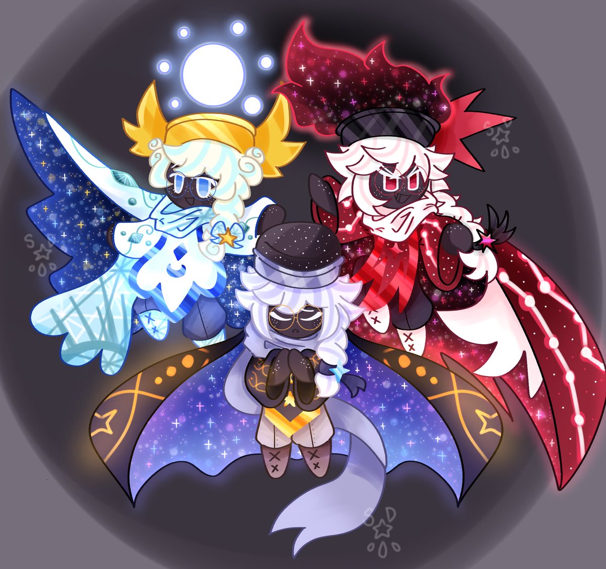 I made costumes for my OC as there was an event going on in the Seamoon server! They are inspired of Moonlight’s Blissful Full Moon and Alluring Crescent costumes! Here we have Cosmic Soufflé Cookie! The left is Wishful Messenger and the right is Fallen Sorcerer! #cookierunoc