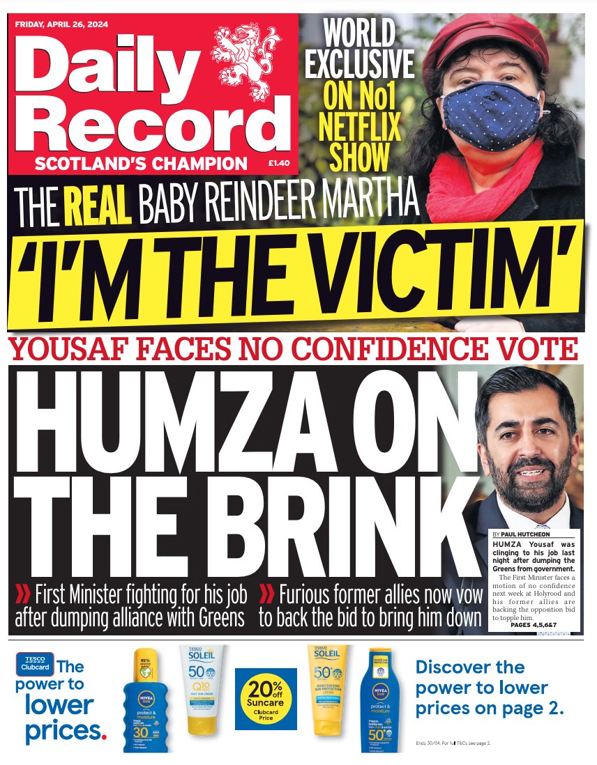 Tomorrow's front page leads on Humza Yousaf facing a vote of no confidence #ScotPapers #TomorrowsPapersToday