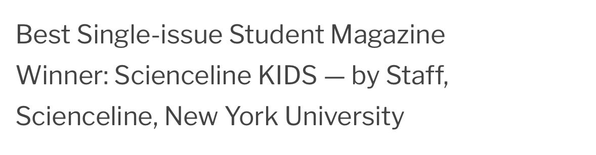 Hey, that’s us! 🎉 Super proud of our team for the @spj_tweets recognition of the first-and-only @scienceline kids magazine to be produced at #SHERP. It’s a fun read for adults, too. Check out the magazine online: scienceline.org/scienceline-ki… spj.org/news.asp?REF=3…